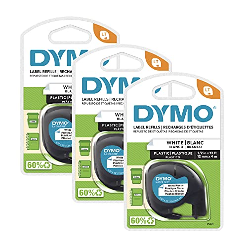DYMO LT Plastic Labels for LetraTag Label Makers, Black Print on White Labels, 1/2' x 13-Foot Rolls, 3 Count