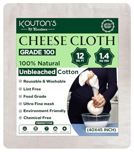 Raajsee Cheese Cloths Grade 100, 12 Sq Feet - 1.4 Sq Yards Unbleached 100% Organic Cotton Fabric - Reusable Ultra Fine Mesh Muslin Cloth - Cheesecloth For Straining Cooking,Baking,Cheese Making