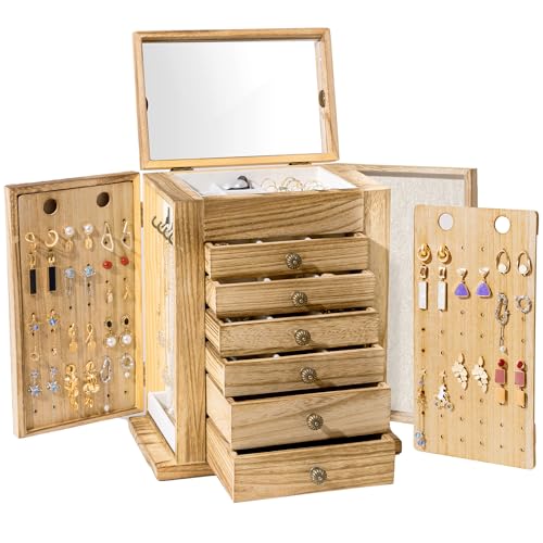 ProCase Large Jewelry Box, 7-Layer Wooden Jewelry Boxes for Women, Jewellery Holder Organizer Storage Case with Mirror for Earrings Bracelet Necklace Watch Ring for Dresser -Natural