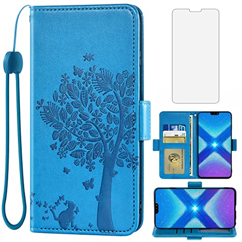 Asuwish Compatible with Huawei Honor 8X Wallet Case and Tempered Glass Screen Protector Flip Purse Accessories Wrist Strap Credit Card Holder Stand Cell Phone Cover for Hawaii Honor8X X8 Men Blue