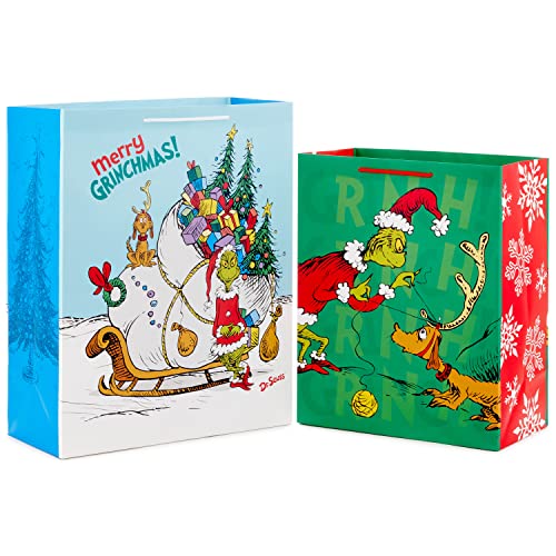 Hallmark Dr. Seuss Grinch Gift Bag Set for Kids (2 Bags: 1 Large 13', 1 Extra Large 15') The Grinch with Max and Sleigh