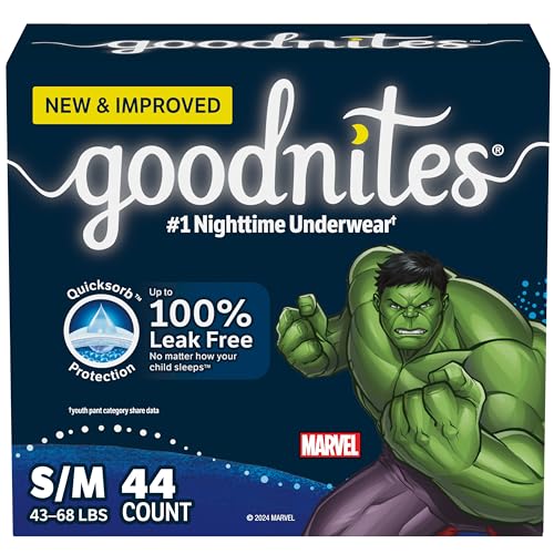 Goodnites Boys' Nighttime Bedwetting Underwear, Size S/M (43-68 lbs), 44 Ct (2 Packs of 22), Packaging May Vary