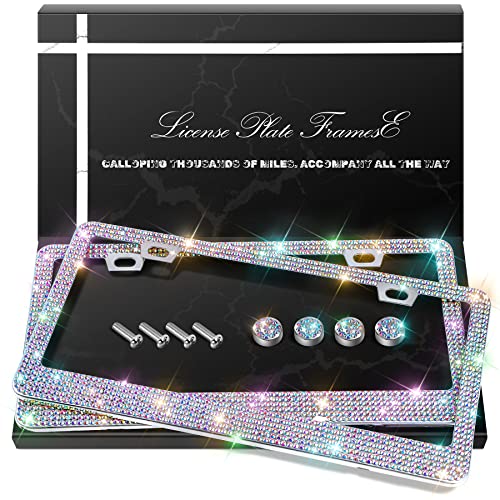 QUANQIUFEI 2 Pack Bling License Plate Frames, Sparkly Rhinestone Diamond Car License Plate Cover for Women, Stainless Steel Car Accessories with Glitter Crystal Caps (Colorful)