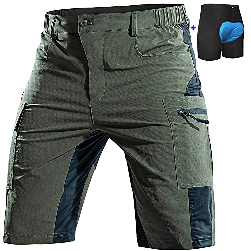 Cycorld Mountain-Bike-Shorts-Mens-Padded MTB Biking Baggy Cycling Short Padding Liner with Zip Pockets(Army Green, XX-Large)