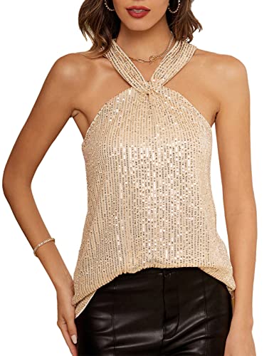 Women's Sleeveless Sequin Sparkle Tank Knot Front Halter Sparkle Top Gold M