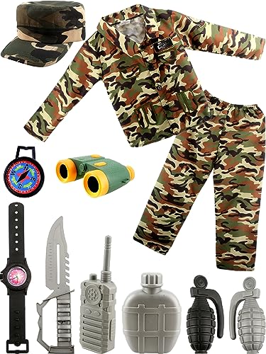 Fahacop 11 Pcs Kids Army Soldier Costume Set Camouflage Uniform with Military Toy Accessory for Boys Halloween Dress Up(M (110-120 cm))
