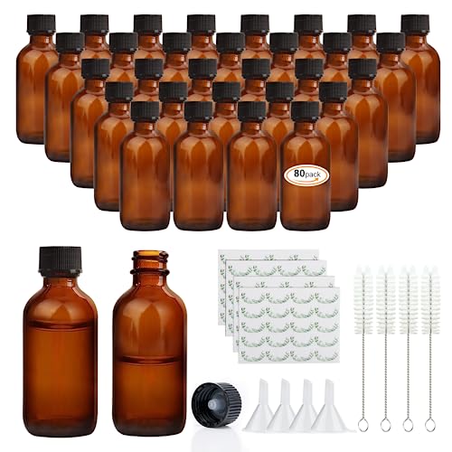 Maredash 2 oz Amber Glass Bottles, Small Boston Round Glass Bottles (80 Pack) with Leak-proof Caps, Refillable Container for Homemade Vanilla Extract, Essential Oils, Herbal Medicine and More