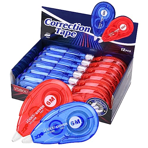 Vobou Whiteout Correction Tape, Easy To Use Applicator for Instant Corrections Correct Wrong Writing At Any Time, For school, Office (Red and Blue, 12pack, 6M/256' x 0.2')