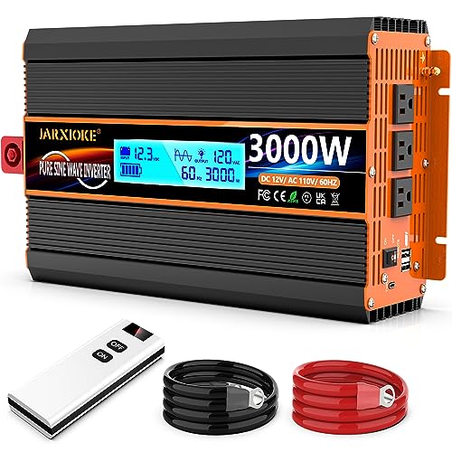 3000 Watt Pure Sine Wave Power Inverter 12V DC to 110V 120V Converter for Family RV Off Grid Solar System Car with Type-C Ports 4 AC Power Outlets Dual USB Ports LCD Display and Remote Control