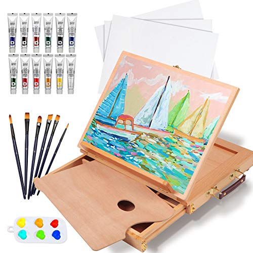 Falling in Art Tabletop Easel Set - 24 Pieces Starter Kit - Artist Acrylic Painting Kit with 12 Acrylic Paints Set, Canvas Panels, Brushes, Wooden Palette for Kids, Adults, Beginners, Professionals