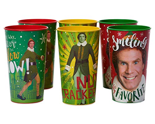 American Greetings 6-Count 22 oz. Reusable Plastic Cups, Buddy The Elf Christmas Party Supplies