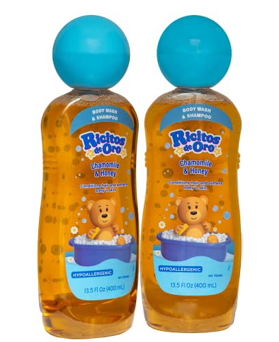 Ricitos de Oro 2-in-1 Baby Hair and Body Wash, Hypoallergenic Tear Free Body Wash and Shampoo with Chamomile and Honey, Cleansing Formula for Babies, 2-Pack of 13.5 FL Oz Each, 2 Bottles.
