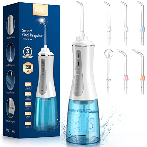Cordless Water Dental Flosser for Teeth - 350ML Portable and Rechargeable Oral Irrigator with 5 Modes 6 Replaceable Tips - IPX7 Waterproof Powerful Battery Life Water Dental Picks for Travel Home Use
