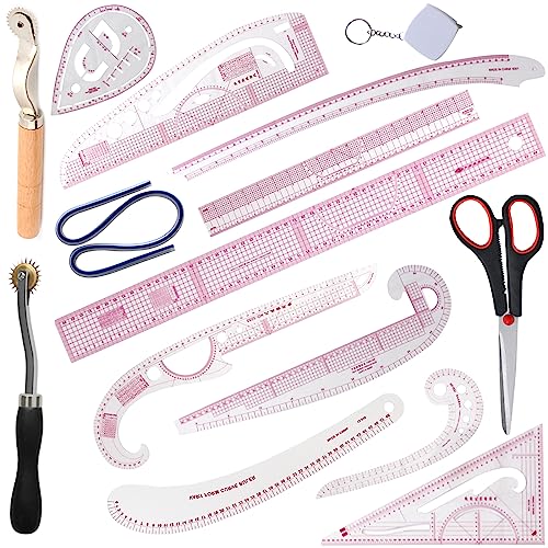 HLZC French Curve Ruler for Pattern Making, 15 Pieces Clear Sewing Ruler Set for Beginners Tailors Designers