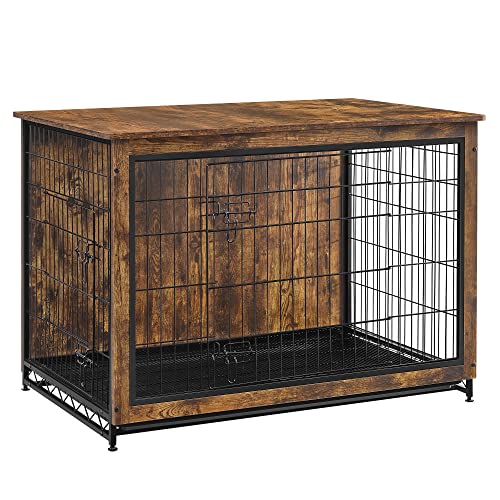 Feandrea Dog Crate Furniture, Side End Table, Modern Kennel for Dogs Indoor up to 80 lb, Heavy-Duty Dog Cage with Multi-Purpose Removable Tray, Double-Door Dog House, Rustic Brown UPFC004X01