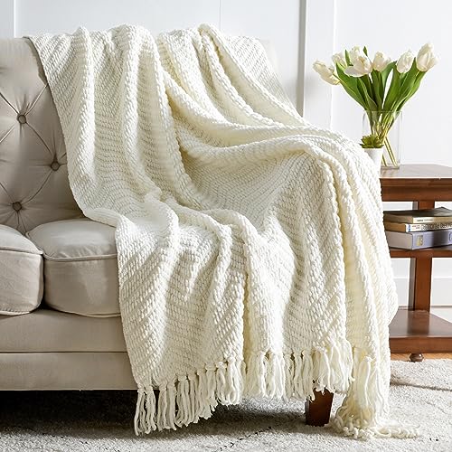 Bedsure Throw Blanket for Couch – Ivory Versatile Knit Woven Chenille Blanket for Chair, Super Soft, Warm & Decorative Blanket with Tassels for Bed, Sofa and Living Room (01 - Ivory, 50 x 60 inches)