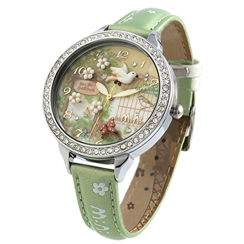 DREAMING Q&P Handmade 3D Polymer Clay Crystals Ladies Wrist Watches for Women Girls Spring Flying Bird Green Relogio