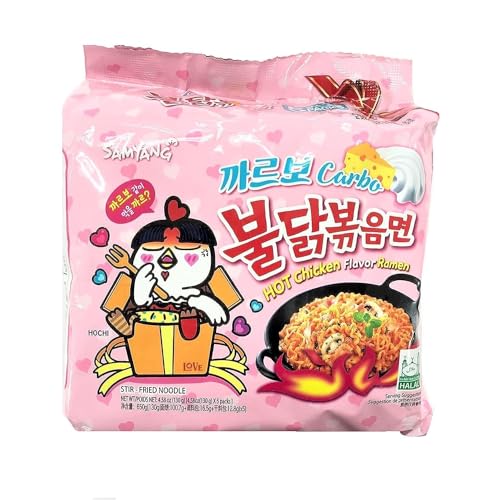 Samyang Buldak Carbo Korean Spicy Hot Chicken Stir-Fried Noodles 4.58oz (Pack of 5)