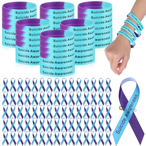 Crowye 150 Set Multiple Suicide Awareness Accessories Set Suicide Prevention Silicone Wristband Bracelet Suicide Prevention Awareness Ribbons Pins Stretch Wristbands Unisex Size for Women Men Teen