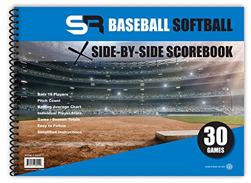 Score It Right Side By Side Baseball/Softball Scorebook – Premium Score Keeping Book – 16 Player - 30 Game Scorebook with Pitch Count, Individual Player Stats, Batting Average Chart - 11.5' x 16'