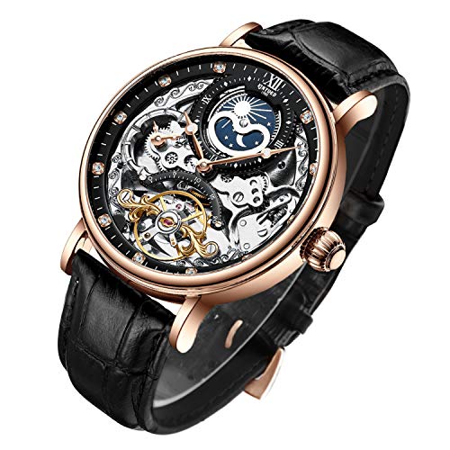 IK COLOURING Mens Luxury Skeleton Automatic Mechanical Wrist Watches Leather Moon Phrase Luminous Hands Self-Wind Watch (Gold)