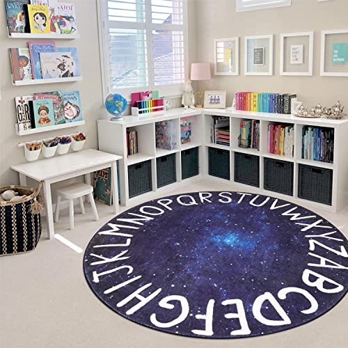 LIVEBOX Space Round Kids Rug for Boy and Girl, Circle Alphabet Washable Rug Crawling Nursery Rug for Playroom, Galaxy Non-Slip Play Mat Learning Carpet for Children Room (59',Star Blue)
