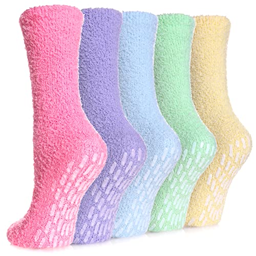 MQELONG Slipper Socks for Women Cozy Hospital Socks Soft Fluffy with Grips Socks Warm Fuzzy Socks Non Slip Grip Socks (5 Pairs Mix Rainbow)