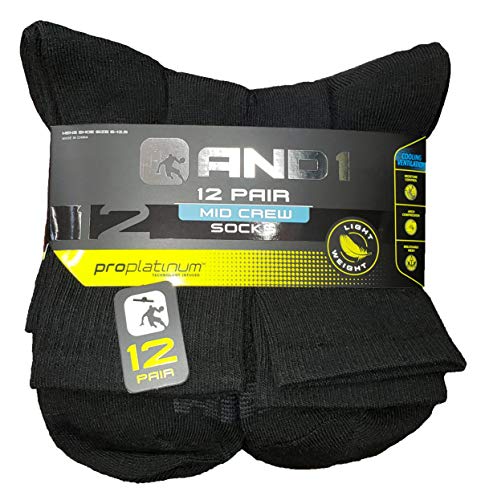 AND1 Black 12 Pair Light Weight ProPlatinum Mid Crew Socks