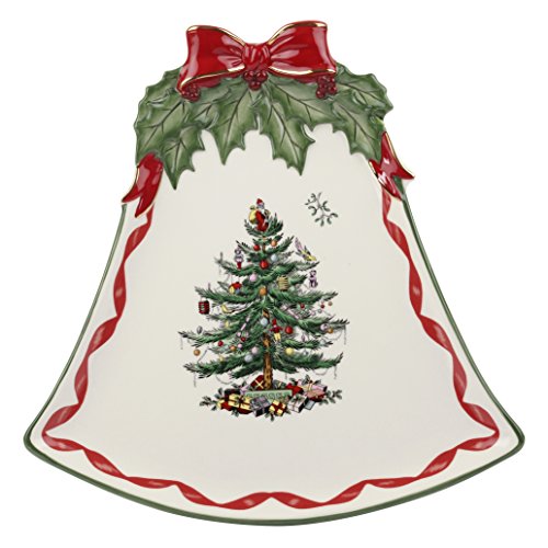Spode Christmas Tree Ribbons Bell Shaped Coup Plate | 10.5 Inch serving plate for Desserts Appetizers and Holiday Treats | Made of Fine Earthenware | Dishwasher Safe