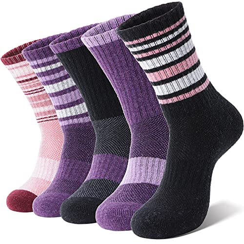 Anlisim Merino Wool Socks for Women Hiking Thermal Warm Winter Boot Work Crew Cushion Ladies Socks 5 Pairs Gift Stocking Stuffers(Purple/Black/Red,M)