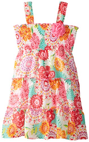 Pogo Club Little Girls' Smocked Top Floral Print Dress, Neon Pink, Medium