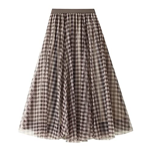 Dirholl Women's A-Line Fairy Elastic Waist Tulle Midi Skirt Plaid Khaki