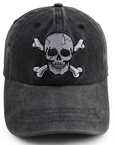 Skeleton Skull Decor Hats for Men Women, Funny Embroidered Skull and Crossbones Baseball Cap, Adjustable Washed Distressed Vintage Halloween Decorations Hat for Mom Dad Grandpa Grandma Friends Black