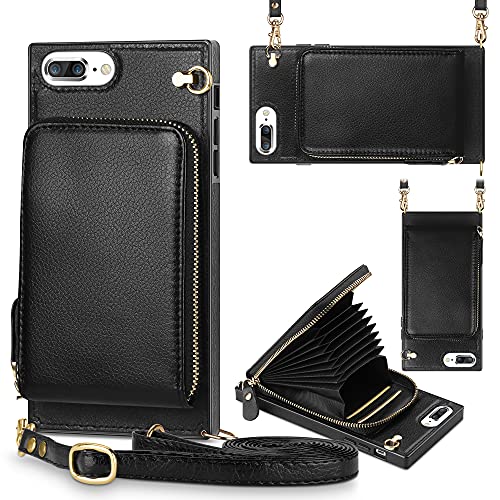 JAKPDE for iPhone 7 Plus Case iPhone 8 Plus Case Wallet Zipper Leather Case with Card Holder Slots Protective Cover with Lanyard Case Compatible with iPhone 7 Plus iPhone 8 Plus 5.5 inch Black