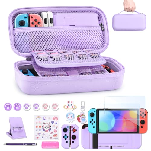 Switch Case for NS Switch - innoAura 19 in 1 Switch Accessories Bundle with Switch Carrying Case, Switch Game Case, Switch Screen Protector, Switch Stand, Switch Thumb Grips (Purple)