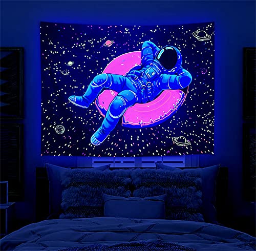 Blacklight Space Astronaut Tapestry for Men Guys Bedroom Galaxy Planet Cool Posters Fantasy Decor Funny UV Reactive Art Wall Hanging for Living Room Dorm Decorations (51'×60')