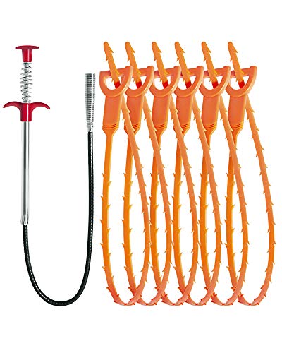 LONGGUI 25inch Hair Drain Clog Remover Tool(6pcs), 24inch Drain Cleaner Sticks To Drain Hair Clog For Remover (1pcs), Drain Hair Remover Tool For Sewer, Toilet, Kitchen Sink, Bathroom Tub,(6+1)