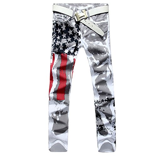 Longe Men Casual American USA Flag Printed Washed Jeans Pants Mens Graffiti Print White Hip-hop Fashion Jean Slim Fit Trousers (32, White)