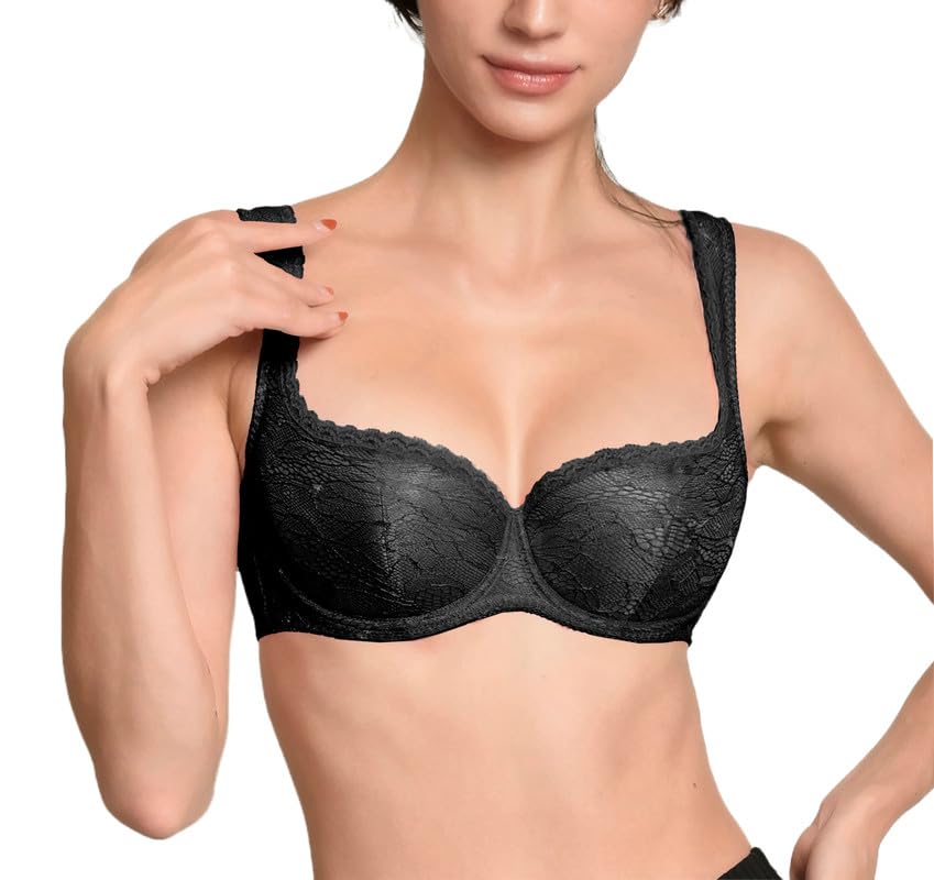 Joey Macon Push Up Balconette Bra for Women Adjustable Padded Shoulder Strap Chantilly Lace Cleveage Enhance 32A to 44G Black