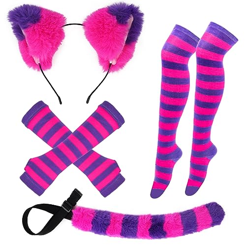 Pink and Purple Striped Cat Costume for Girls Women Halloween Cosplay Accessories, Cat Ears, Furry Tail, Striped Socks for Halloween Dress up