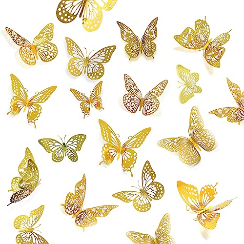 Meikeer 3D Butterfly Wall Decor 48 Pcs 4 Styles 3 Sizes, for Birthday Decorations Party Decorations, Removable Wall Stickers Interior Decorations Kids Nursery Classroom Wedding Decor (Gold)
