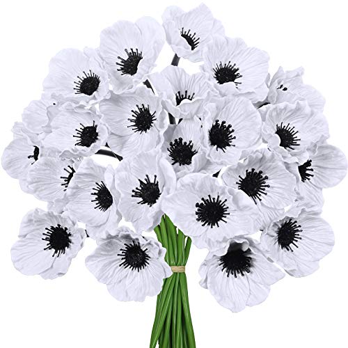 24 pcs Artificial White Poppy Flower Stems Real Touch Flower Fake Flowers in White with Black Center for Wedding Bouquets Corsages Centerpiece Floral Arrangements