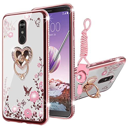 for LG Stylo 4 Case for Women Glitter Crystal Soft TPU Bling Cute Butterfly Heart Floral Clear Protective Cover with Kickstand+Strap for LG Stylo 4/ LG Q Stylus/LG Stylus 4/LG Stylo 4 Plus(Rose Gold)