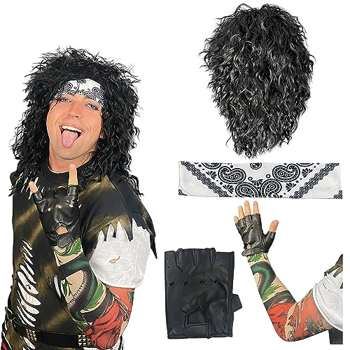 Watt's Wigs - 80s Hair Metal Rocker Costume Set - Glam Rock Band Black Curly Wig with Paisley Print Stretch Fabric Headband, Color Tattoo Sleeve, and Biker Glove - One Size Fits All (Black)