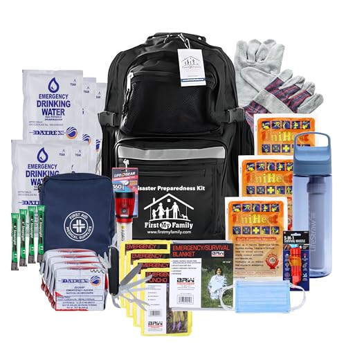 First My Family 4-Person Emergency Survival Kit with LifeStraw Water Filter - Disaster Preparedness Backpack with Hurricane and Earthquake Supplies, 72 Hour Survival Gear