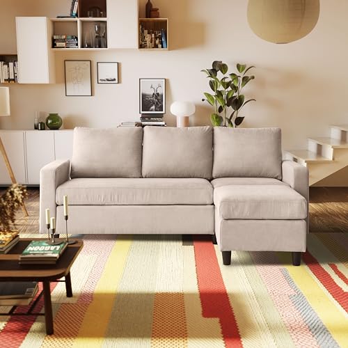 Divano Roma Furniture Convertible Couch Chenille Fabric L-Shaped, 3-Seat Sofa Sectional with Reversible Chaise for Living Room, Apartment and Small Space, Compact, Beige