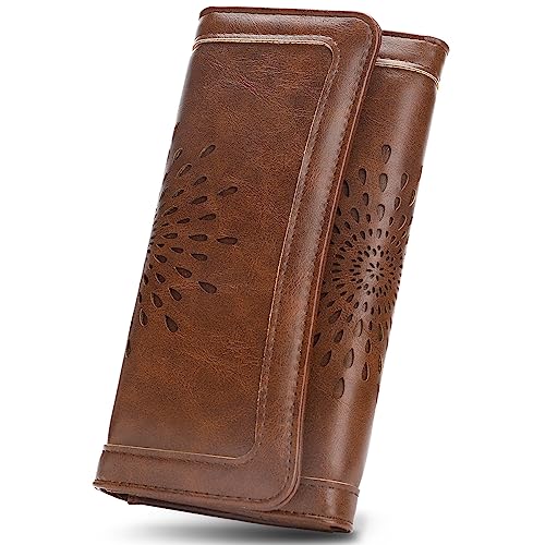 APHISON Ladies Soft PU Leather Long Wallet Trifold Clutch Purse Credit Card Holder Case for Women With Gift Box 2214 (COFFEE)