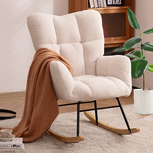 NIOIIKIT Nursery Rocking Chair Teddy Upholstered Glider Rocker Rocking Accent Chair Padded Seat with High Backrest Armchair Comfy Side Chair for Living Room Bedroom Offices (Ivory Teddy)