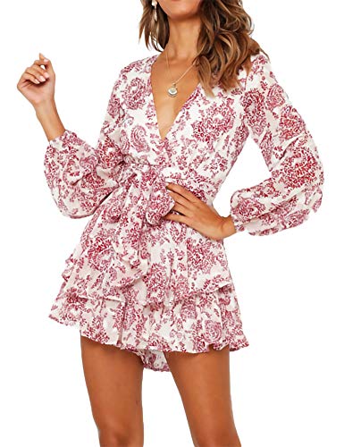 Bonkwa Women's Summer Deep V-Neck Floral Print Romper Long Baggy Sleeves Double Layer Ruffle Hem Short Jumpsuits with Belt