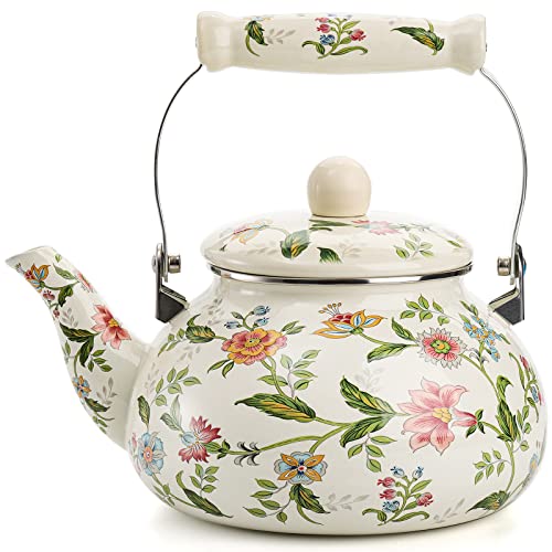 Jucoan 2.6 Quart Vintage Enamel Tea Kettle, Green Floral Enamel on Steel Teapot with Cool Touch Porcelain Handle for Stovetop Home Kitchen Decor, Gift for Housewarming Christmas New Year